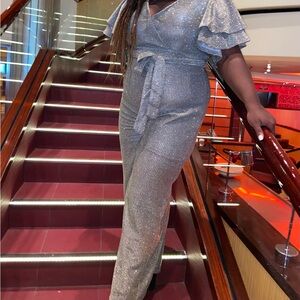 Glamorous Silver Ruffle Sleeve Jumpsuit